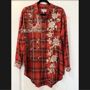 NWOT Johnny Was Heavily Embroidered Shirt ROMA Red Plaid Oversized S Can Fit M